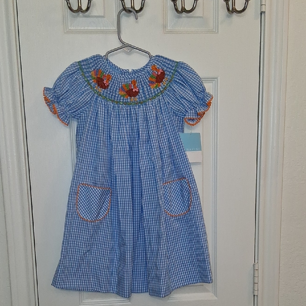 Charming Blue Checkered Kids Dress with Floral Accents